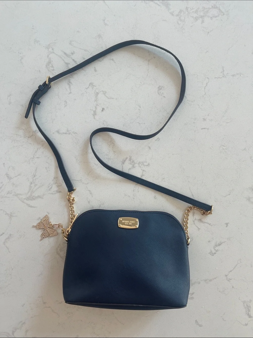 Michael Kors Navy Saffiano Leather Dome Crossbody Bag Gold Hardware Butterfly